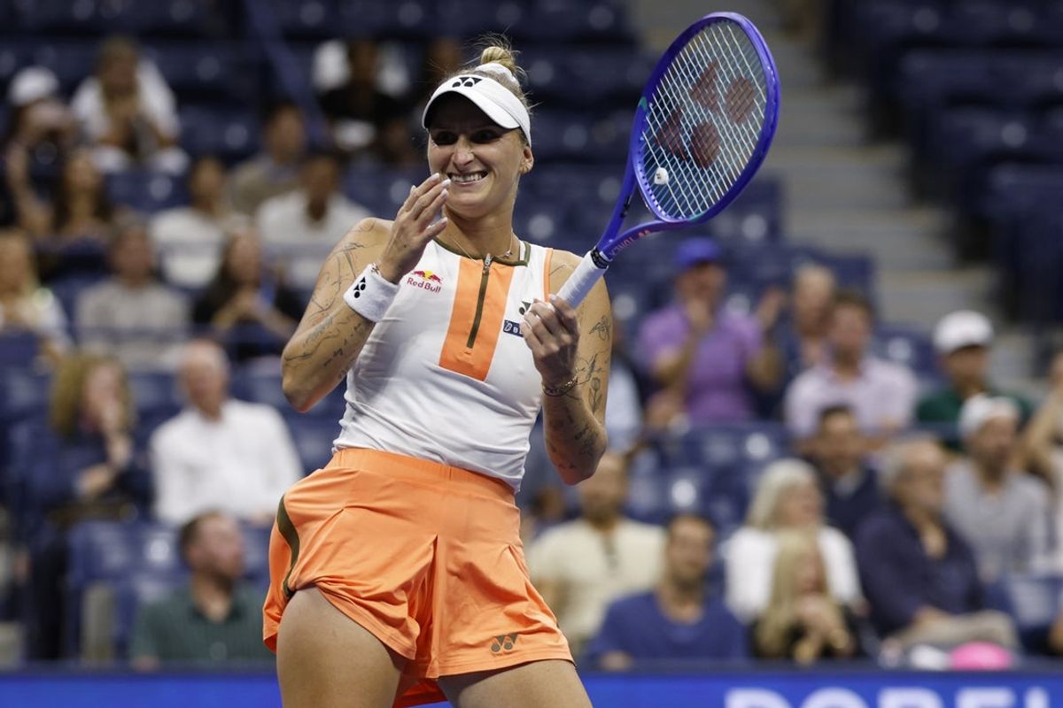 Aug 31, 2025; Flushing, NY, USA; Marketa Vondrousova celebrates after match point against Elena Rybakina (KAZ) (not pictured) on day eight of the 2025 US Open tennis championships at Billie Jean King National Tennis Center. Mandatory Credit: Geoff Burke-Imagn Images