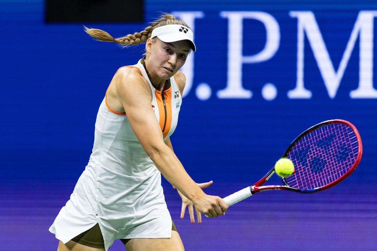 Aug 31, 2025; Flushing, NY, USA; Elena Rybakina of Kazakhstan in action against Marketa Vondrousova of Czech Republic in the fourth round of the women’s singles at the US Open at Arthur Ashe Stadium in Billie Jean King National Tennis Center. Mandatory Credit: Mike Frey-Imagn Images