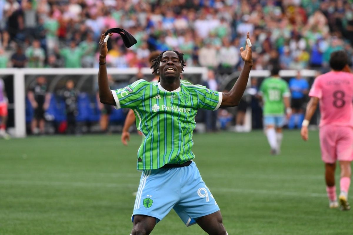 Aug 31, 2025; Seattle, Washington, USA; Seattle Sounders FC forward Georgi Minoungou (93) celebrates after drawing a penalty kick foul against Inter Miami CF during the second half at Lumen Field. Mandatory Credit: Steven Bisig-Imagn Images