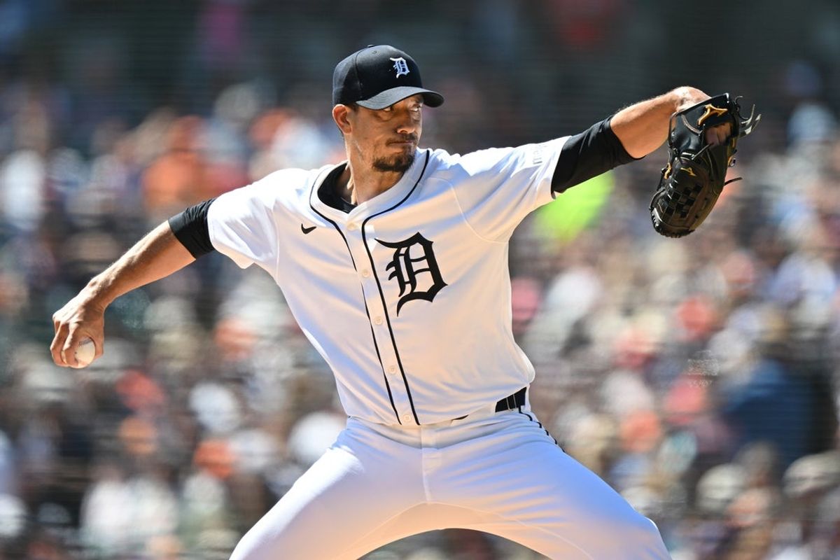 Sep 1, 2025; Detroit, Michigan, USA;  Detroit Tigers starting pitcher Charlie Morton (50) throws a pitch against the New York Mets in the first inning at Comerica Park. Mandatory Credit: Lon Horwedel-Imagn Images