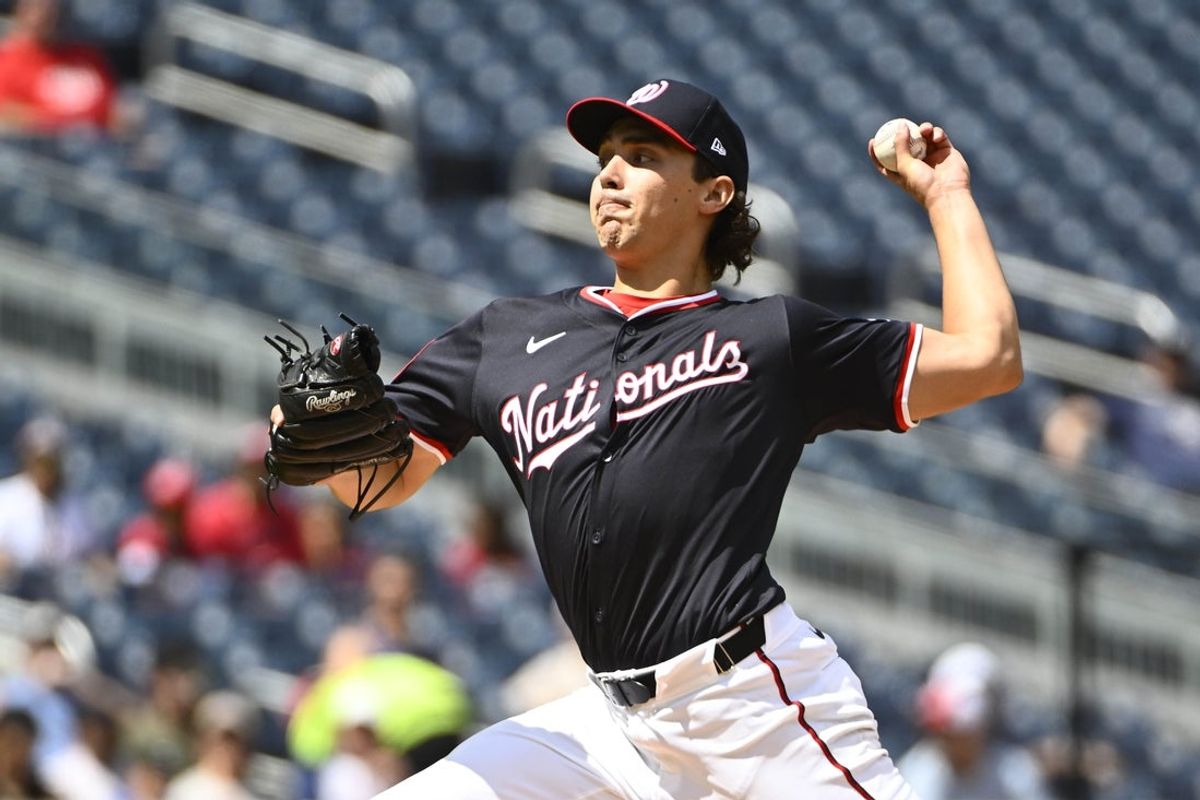 Sep 1, 2025; Washington, District of Columbia, USA; Washington Nationals starting pitcher Andrew Alvarez (54) throws to the Miami Marlins during the third inning at Nationals Park. Mandatory Credit: Brad Mills-Imagn Images