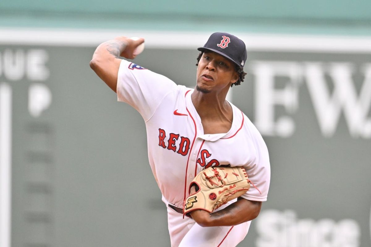 Sep 1, 2025; Boston, Massachusetts, USA; Boston Red Sox starting pitcher Brayan Bello (66) pitches against the Cleveland Guardians during the first inning at Fenway Park. Mandatory Credit: Eric Canha-Imagn Images