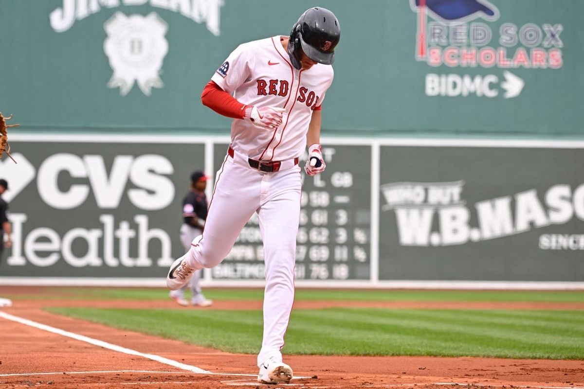 Sep 1, 2025; Boston, Massachusetts, USA; Boston Red Sox right fielder Roman Anthony (19) scores a run on a ball by Cleveland Guardians starting pitcher Parker Messick (77) (not pictured) during the first inning at Fenway Park. Mandatory Credit: Eric Canha-Imagn Images