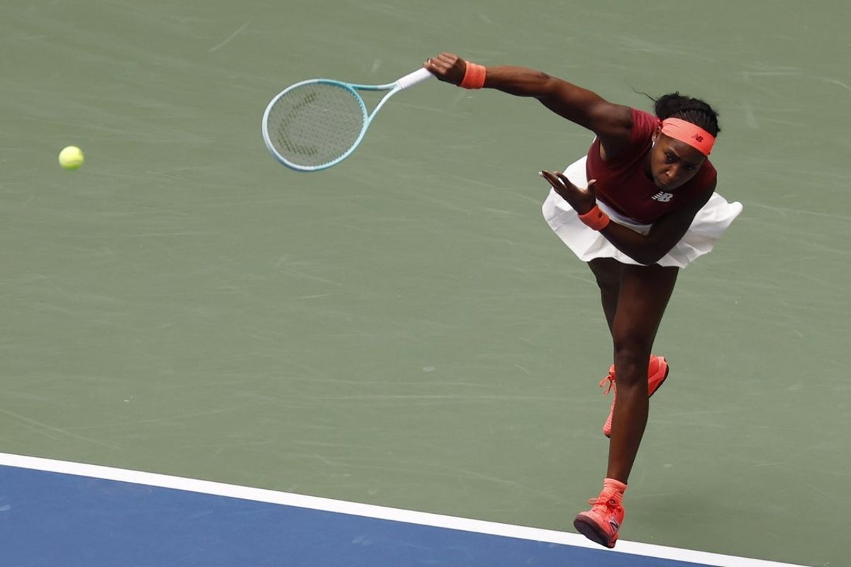 Sep 1, 2025; Flushing, NY, USA; Coco Gauff (USA) serves against Naomi Osaka (JPN) (not pictured) on day nine of the 2025 US Open tennis championships at Billie Jean King National Tennis Center. Mandatory Credit: Geoff Burke-Imagn Images