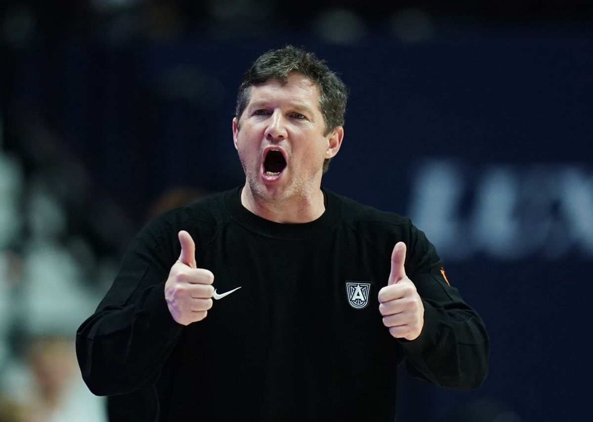 Sep 1, 2025; Uncasville, Connecticut, USA; Atlanta Dream head coach Karl Smesko watches from the sideline as they take on the Connecticut Sun at Mohegan Sun Arena. Mandatory Credit: David Butler II-Imagn Images