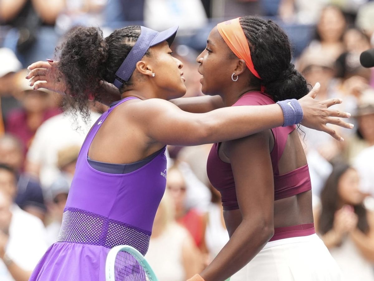 Sep 1, 2025; Flushing, NY, USA;  Coco Gauff (USA) (left) after beating Naomi Osaka (JPN) (right) on day nine of the 2025 U.S. Open tennis tournament at the USTA Billie Jean King National Tennis Center. Mandatory Credit: Robert Deutsch-Imagn Images
