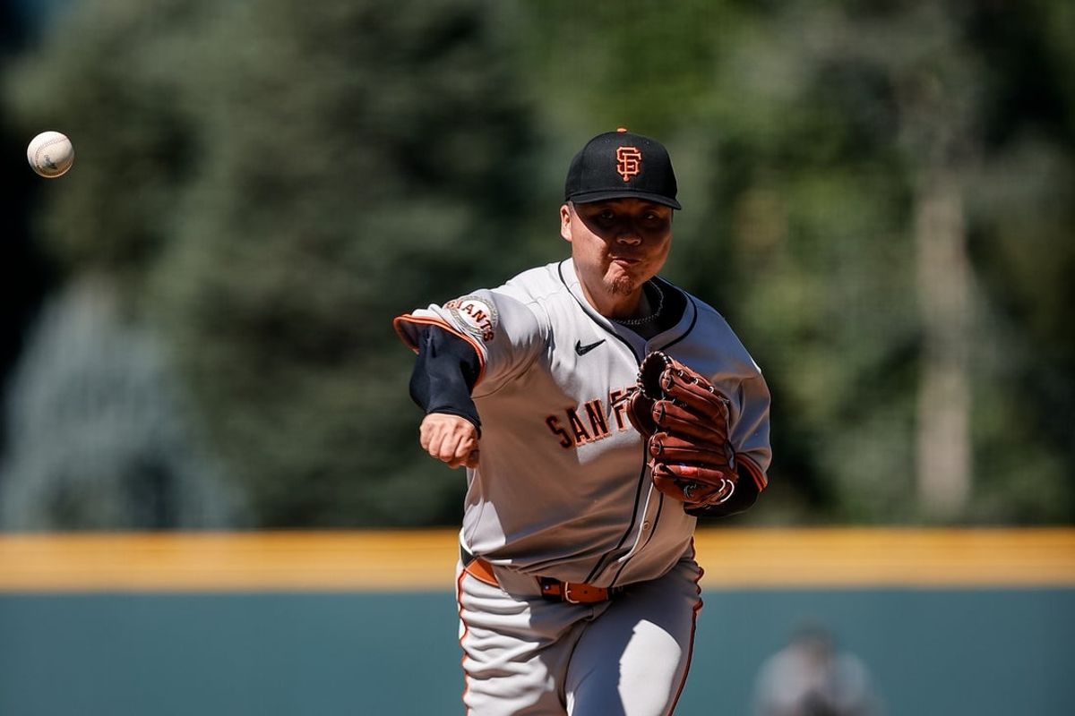 Sep 1, 2025; Denver, Colorado, USA; San Francisco Giants starting pitcher Kai-Wei Teng (66) pitches in the first inning against the Colorado Rockies at Coors Field. Mandatory Credit: Isaiah J. Downing-Imagn Images