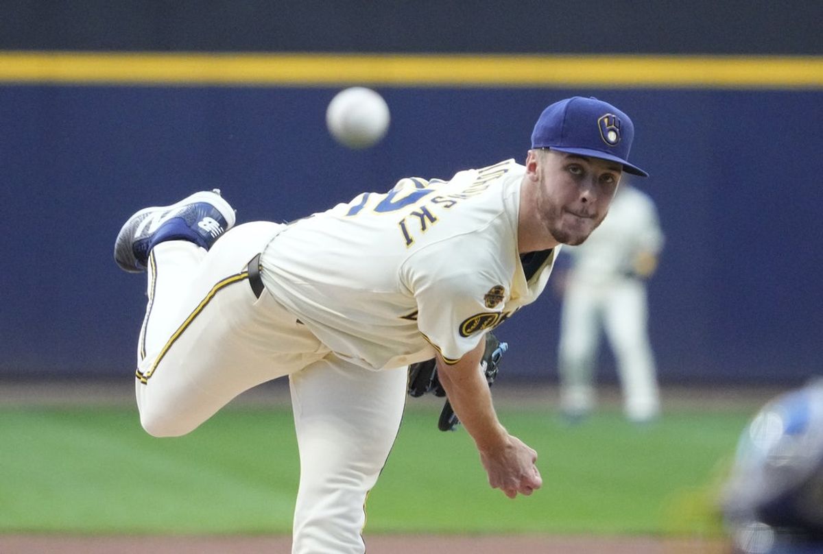 Sep 1, 2025; Milwaukee, Wisconsin, USA; Milwaukee Brewers pitcher Jacob Misiorowski (32) delivers a pitch against the Philadelphia Phillies in the first inning at American Family Field. Mandatory Credit: Michael McLoone-Imagn Images