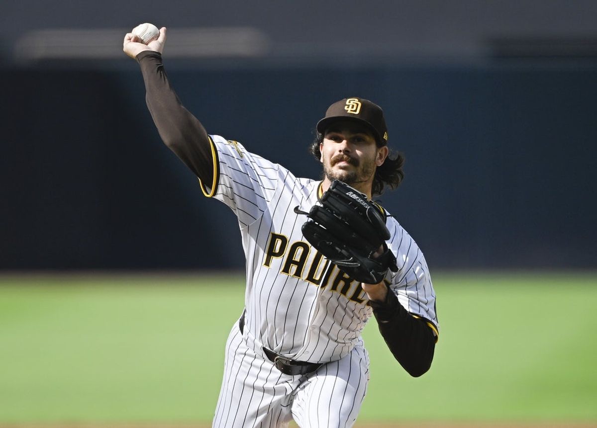 Sep 1, 2025; San Diego, California, USA; San Diego Padres starting pitcher Dylan Cease (84) delivers during the first inning against the Baltimore Orioles at Petco Park. Mandatory Credit: Denis Poroy-Imagn Images