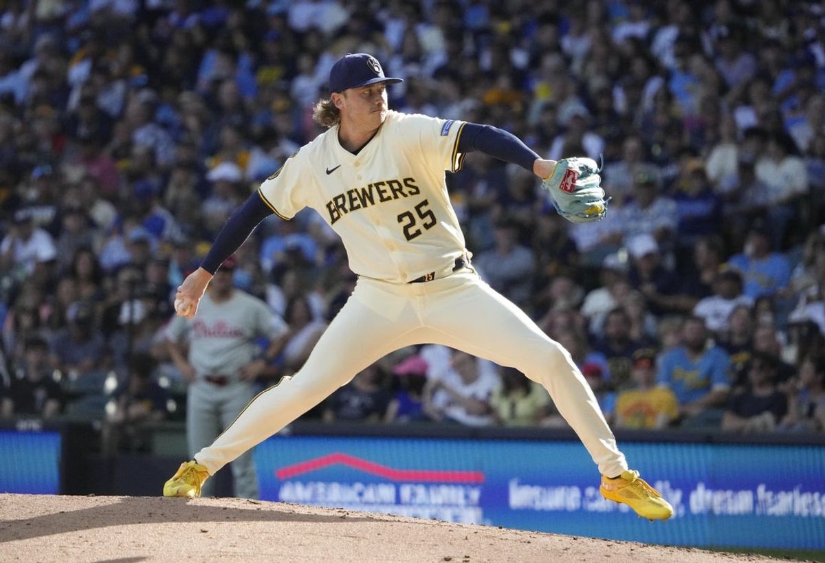 Sep 1, 2025; Milwaukee, Wisconsin, USA; Milwaukee Brewers pitcher Nick Mears (25) delivers a pitch against the Philadelphia Phillies in the fifth inning at American Family Field. Mandatory Credit: Michael McLoone-Imagn Images