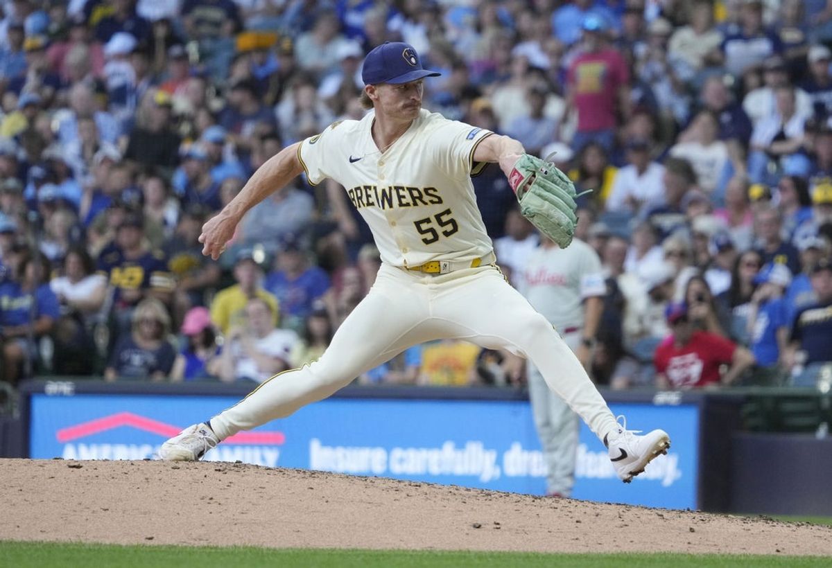 Sep 1, 2025; Milwaukee, Wisconsin, USA; Milwaukee Brewers pitcher Shelby Miller (55) delivers a pitch against the Philadelphia Phillies in the eighth inning at American Family Field. Mandatory Credit: Michael McLoone-Imagn Images