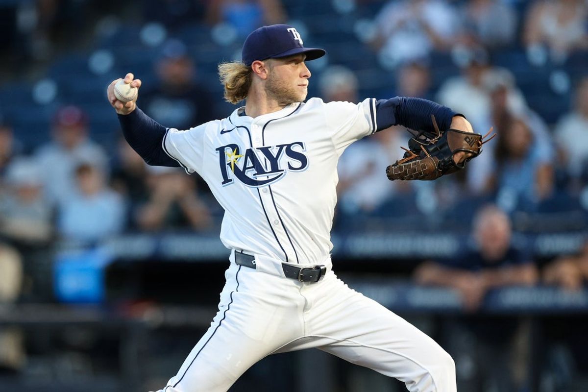 Sep 1, 2025; Tampa, Florida, USA; Tampa Bay Rays starting pitcher Shane Baz (11) throws a pitch against the Seattle Mariners in the first inning at George M. Steinbrenner Field. Mandatory Credit: Nathan Ray Seebeck-Imagn Images