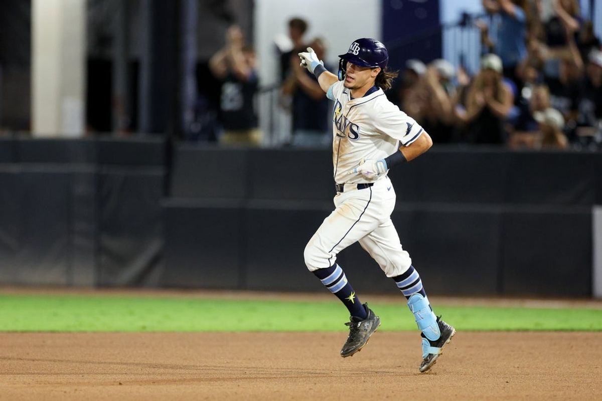 Sep 1, 2025; Tampa, Florida, USA; Tampa Bay Rays shortstop Tristan Gray (10) runs the bases after hitting a two run home run against the Seattle Mariners in the eighth inning at George M. Steinbrenner Field. Mandatory Credit: Nathan Ray Seebeck-Imagn Images