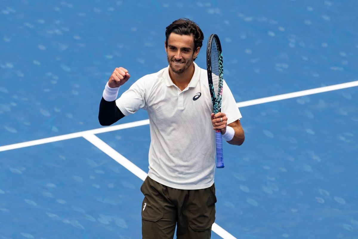 Sep 1, 2025; Flushing, NY, USA; Lorenzo Musetti of Italy celebrates his victory over Jaume Munar of Spain in the fourth round of the men’s singles at the US Open at Louis Armstrong Stadium in Billie Jean King National Tennis Center. Mandatory Credit: Mike Frey-Imagn Images