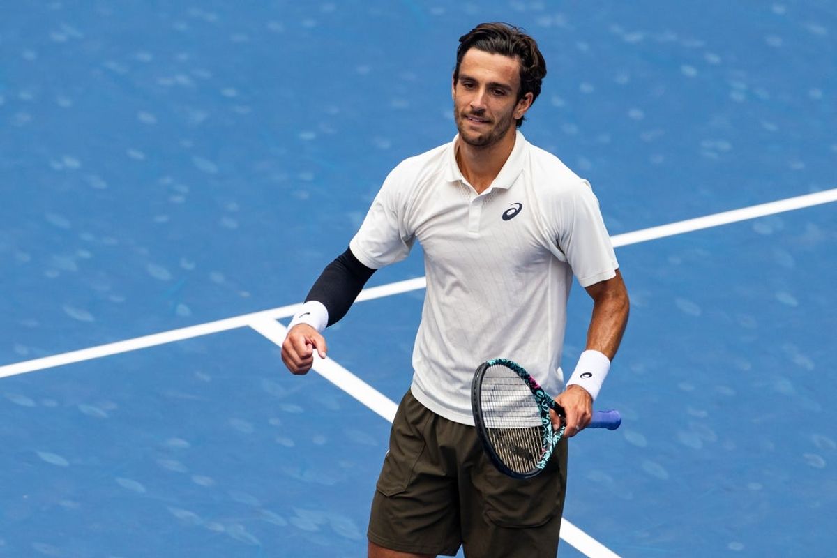 Sep 1, 2025; Flushing, NY, USA; Lorenzo Musetti of Italy celebrates his victory over Jaume Munar of Spain in the fourth round of the men’s singles at the US Open at Louis Armstrong Stadium in Billie Jean King National Tennis Center. Mandatory Credit: Mike Frey-Imagn Images