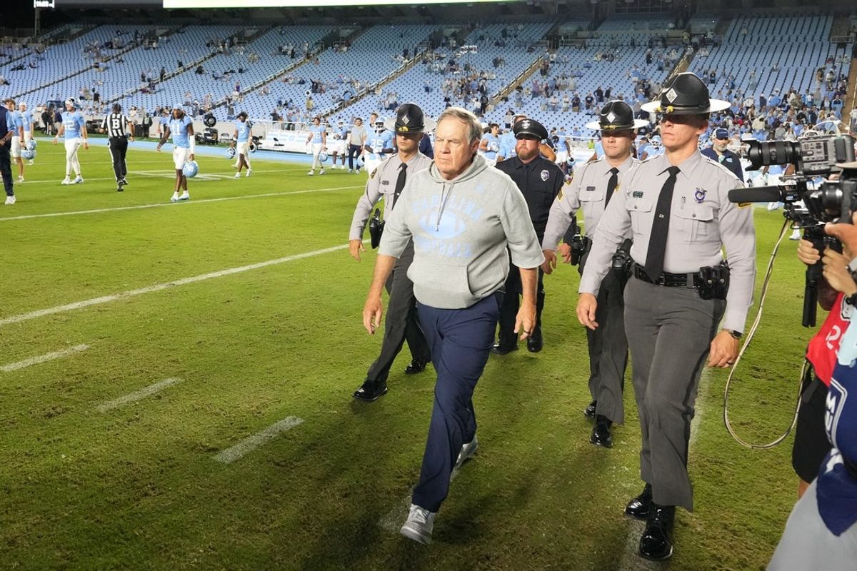 Sep 1, 2025; Chapel Hill, North Carolina, USA; North Carolina Tar Heels head coach Bill Belichick walks to center field after the game at Kenan Stadium. Mandatory Credit: Bob Donnan-Imagn Images