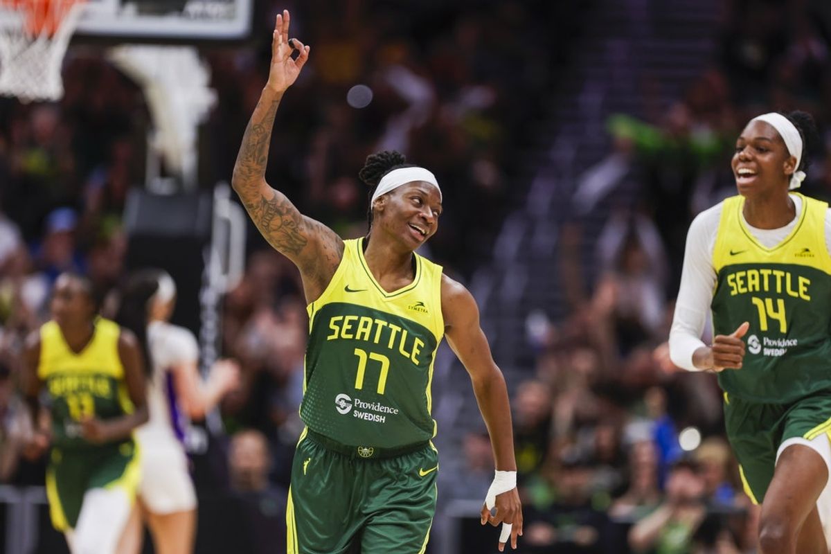 Sep 1, 2025; Seattle, Washington, USA; Seattle Storm guard Erica Wheeler (17) reacts after making a three-pointer against the Los Angeles Sparks during the third quarter at Climate Pledge Arena. Mandatory Credit: Joe Nicholson-Imagn Images