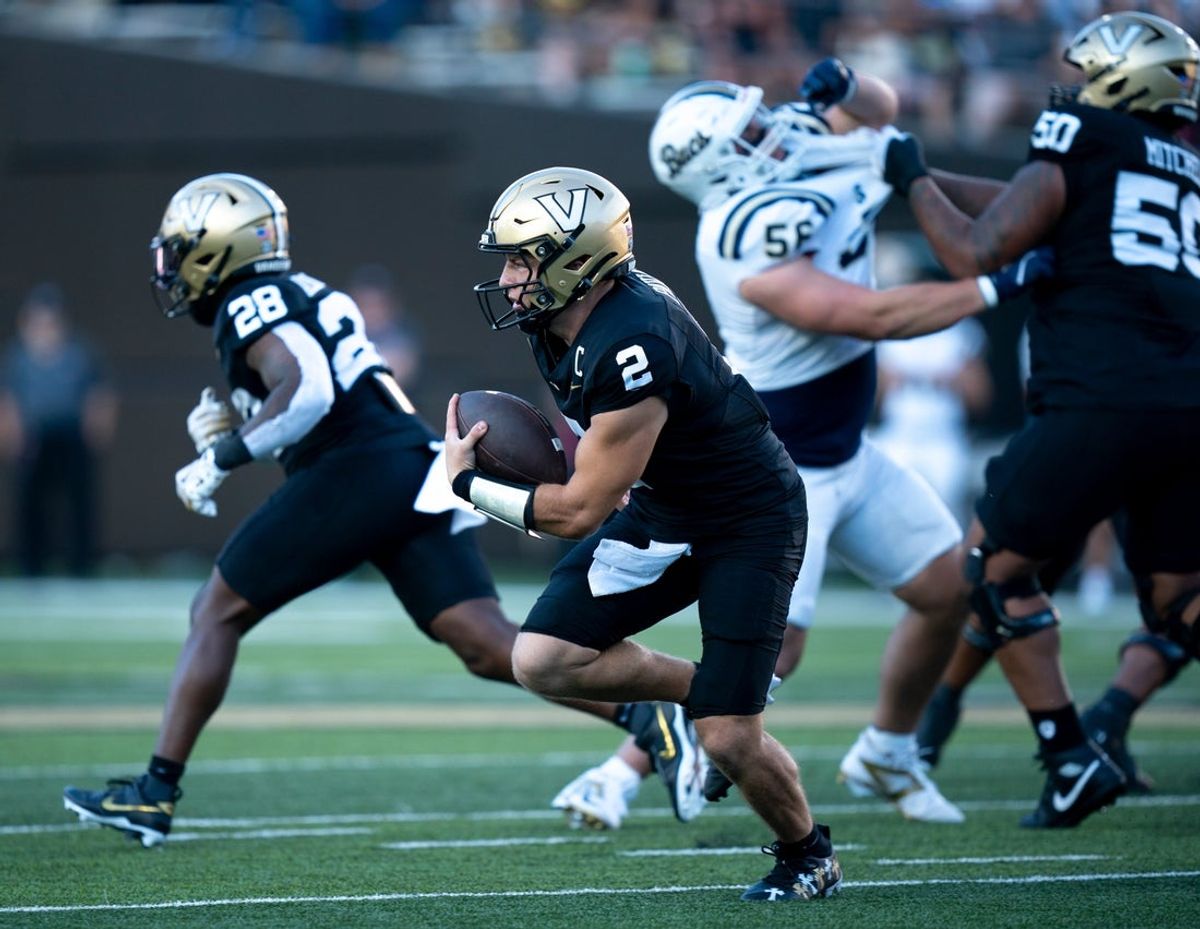 DUPLICATE***Vanderbilt quarterback Diego Pavia (2) runs against the Charleston Southern defense during their game at FirstBank Stadium in Nashville, Tenn., Saturday, Aug. 30, 2025.