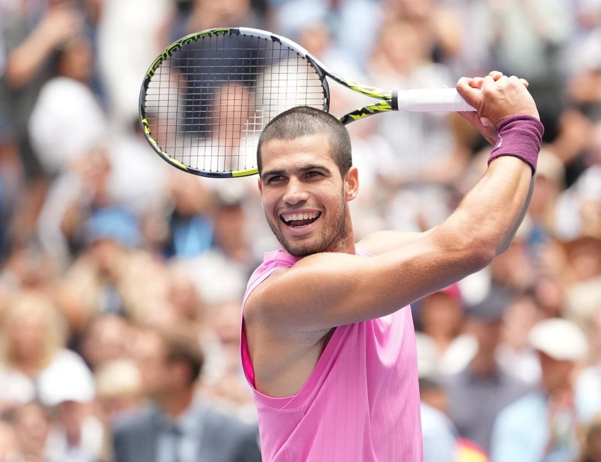 Sep 2, 2025; Flushing, NY, USA;  Carlos Alcaraz (ESP) after beating Jiri Lehecka (CZE) (not pictured) on day ten of the 2025 U.S. Open tennis tournament at the USTA Billie Jean King National Tennis Center. Mandatory Credit: Robert Deutsch-Imagn Images