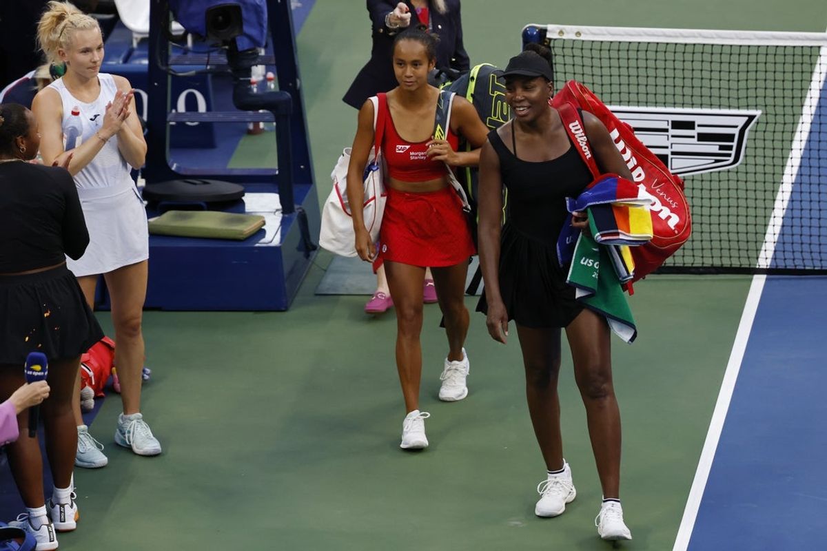 Sep 2, 2025; Flushing, NY, USA; Venus Williams (USA) (R) and partner Leylah Fernandez (CAN) (L) leave the court after their match against Katerina Siniakova (CZE) and Taylor Townsend (USA) (both not pictured) on day ten of the 2025 US Open tennis championships at Billie Jean King National Tennis Center. Mandatory Credit: Geoff Burke-Imagn Images