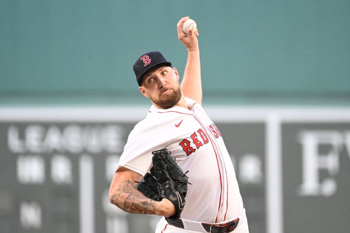 Sep 2, 2025; Boston, Massachusetts, USA;  Boston Red Sox starting pitcher Garrett Crochet (35) pitches against the Cleveland Guardians during the first inning at Fenway Park. Mandatory Credit: Eric Canha-Imagn Images