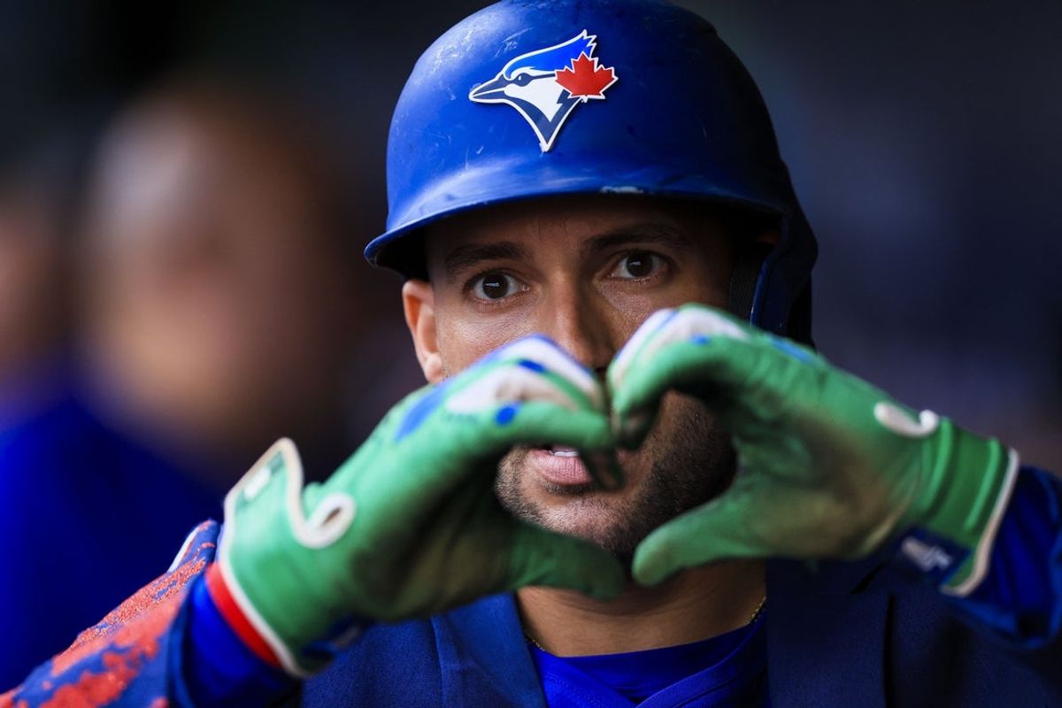 Sep 2, 2025; Cincinnati, Ohio, USA; Toronto Blue Jays designated hitter George Springer (4) reacts after hitting a solo home run in the first inning against the Cincinnati Reds at Great American Ball Park. Mandatory Credit: Katie Stratman-Imagn Images