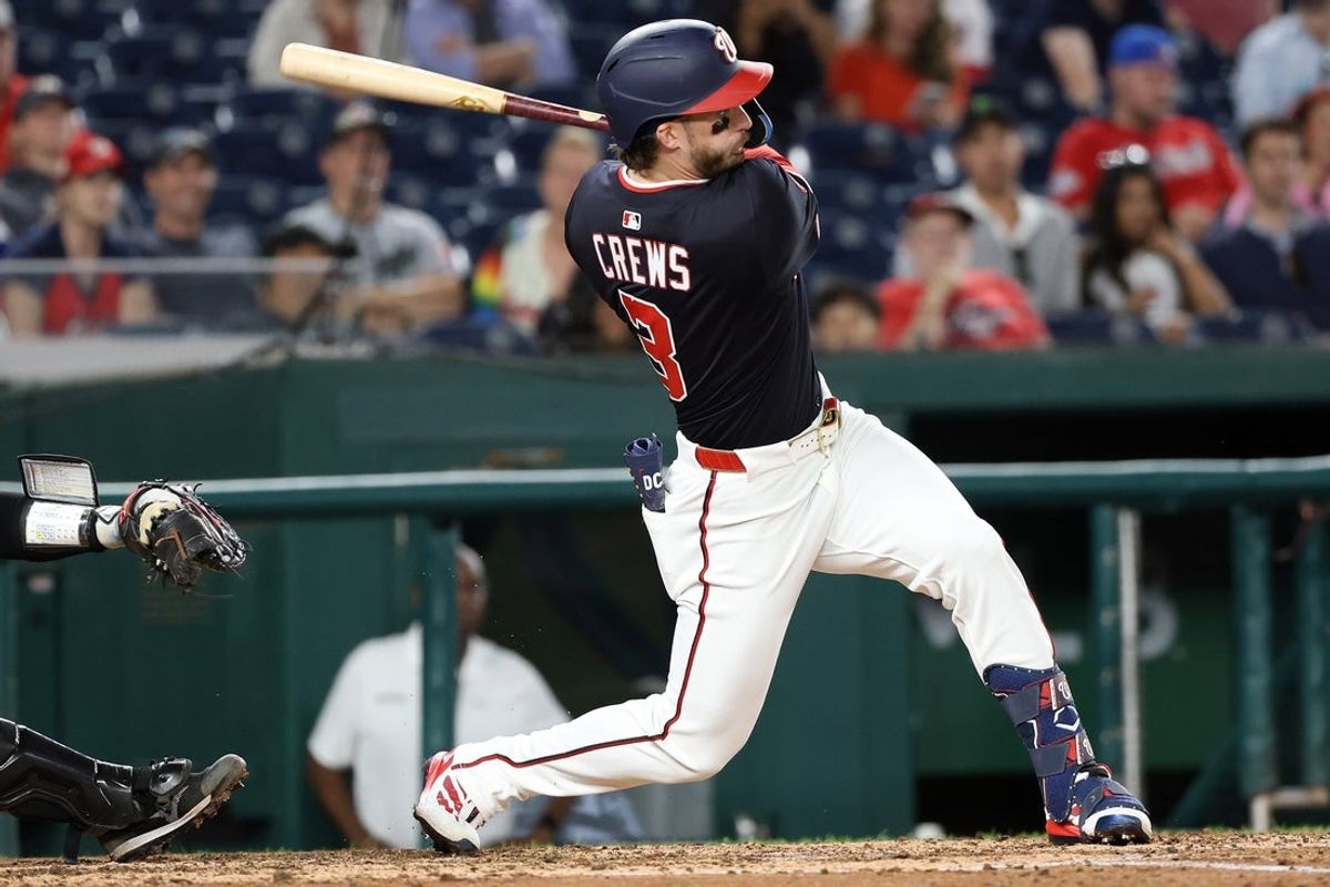Sep 2, 2025; Washington, District of Columbia, USA; Washington Nationals outfielder Dylan Crews (3) hits a double during the sixth inning against the Miami Marlins at Nationals Park. Mandatory Credit: Daniel Kucin Jr.-Imagn Images