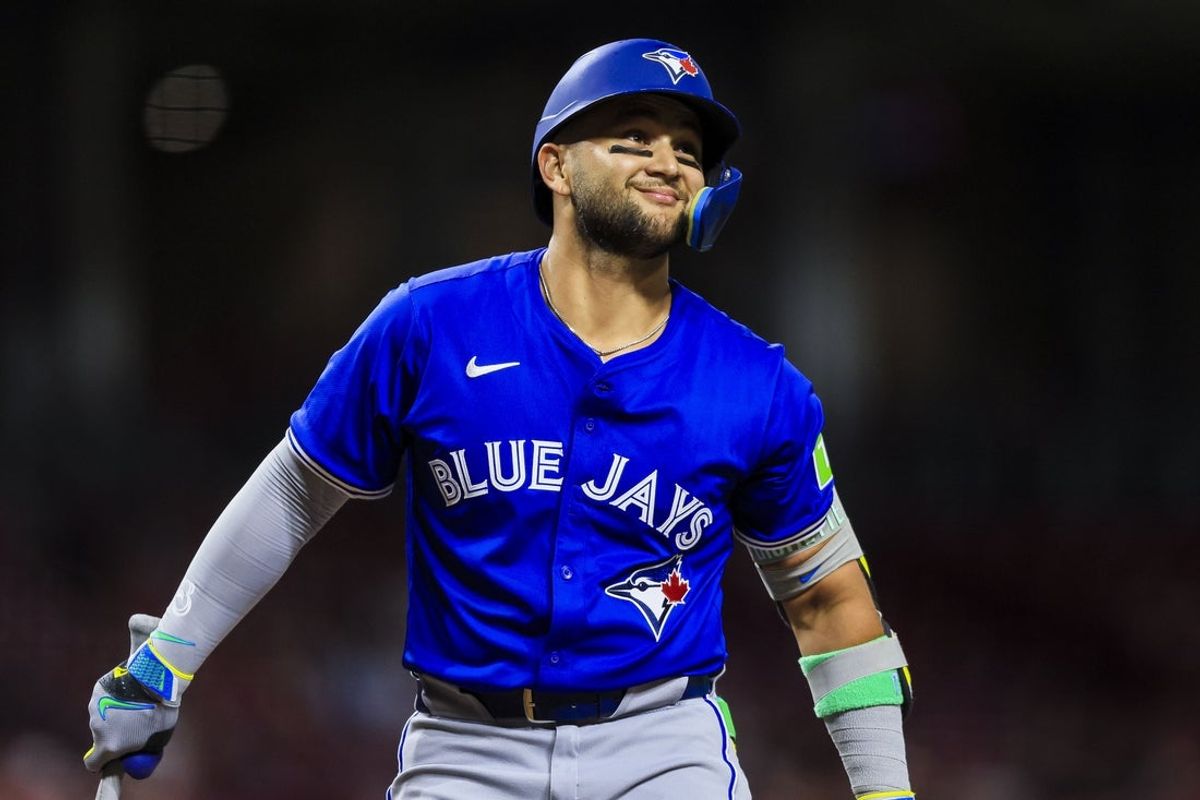 Sep 2, 2025; Cincinnati, Ohio, USA; Toronto Blue Jays shortstop Bo Bichette (11) reacts after a play in the seventh inning against the Cincinnati Reds at Great American Ball Park. Mandatory Credit: Katie Stratman-Imagn Images