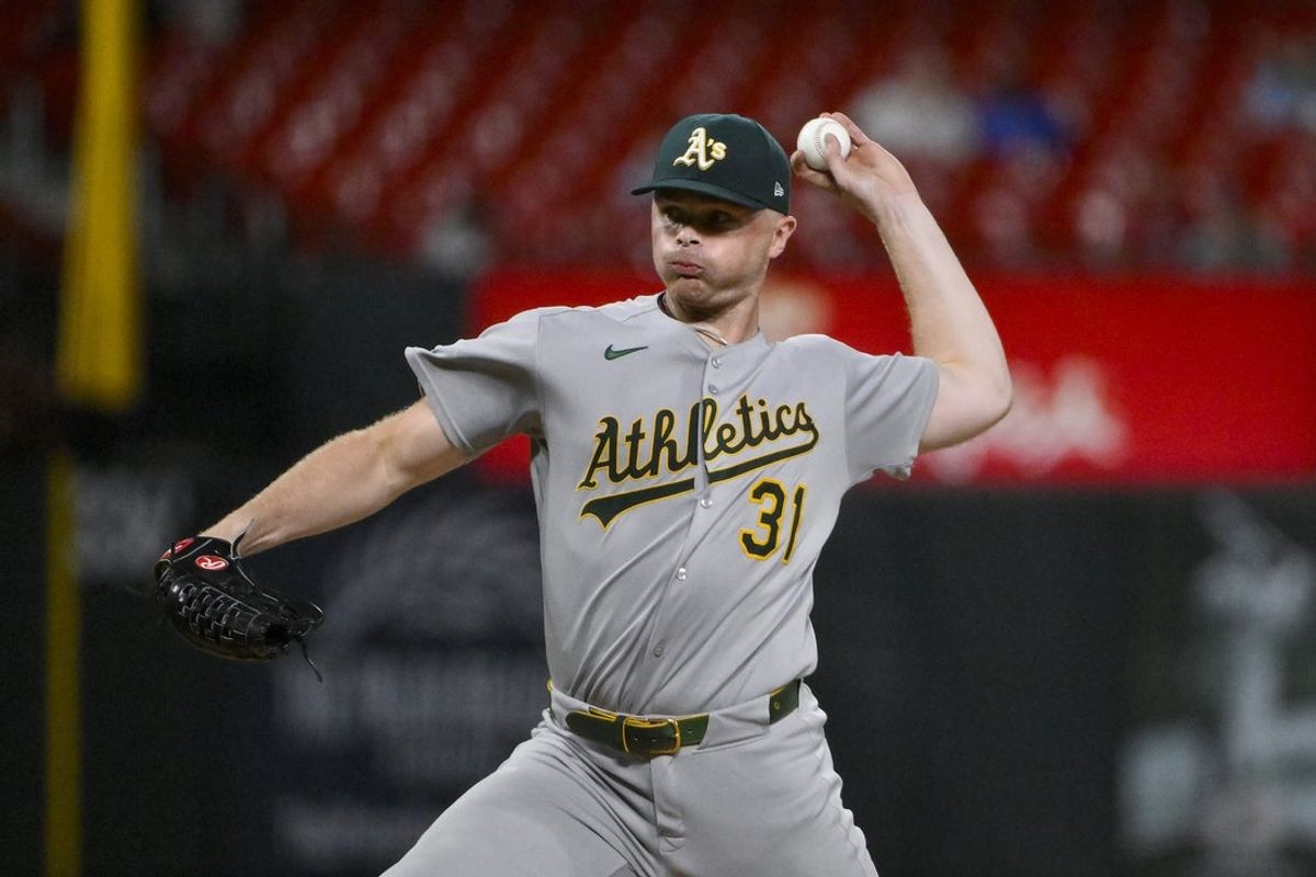 Sep 2, 2025; St. Louis, Missouri, USA;  Athletics relief pitcher Sean Newcomb (31) pitches against the St. Louis Cardinals during the eighth inning at Busch Stadium. Mandatory Credit: Jeff Curry-Imagn Images
