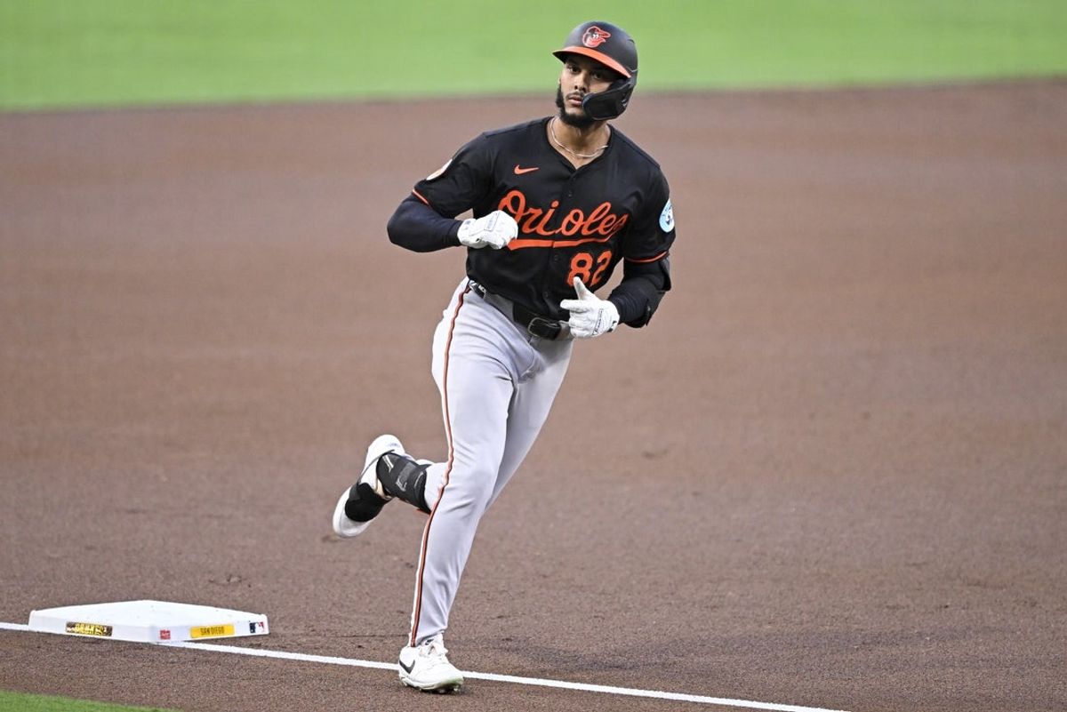 Sep 2, 2025; San Diego, California, USA; Baltimore Orioles second baseman Jeremiah Jackson (82)  rounds the bases after hitting a solo home run during the first inning against the San Diego Padres at Petco Park. Mandatory Credit: Denis Poroy-Imagn Images