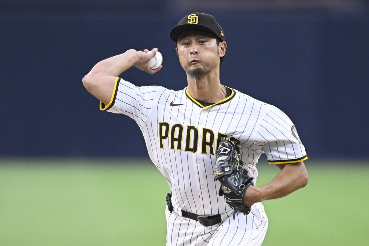 Sep 2, 2025; San Diego, California, USA; San Diego Padres starting pitcher Yu Darvish (11) delivers during the first inning against the Baltimore Orioles at Petco Park. Mandatory Credit: Denis Poroy-Imagn Images
