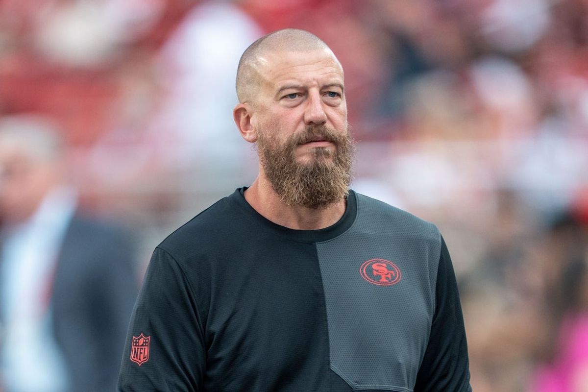 August 23, 2025; Santa Clara, California, USA; San Francisco 49ers run game coordinator/tight ends coach Brian Fleury before the game against the Los Angeles Chargers at Levi's Stadium. Mandatory Credit: Kyle Terada-Imagn Images