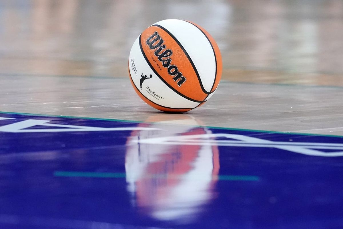 Aug 31, 2025; Los Angeles, California, USA; A Wilson EVO Nxt WNBA basketball on the court at the Crypto.com Arena. Mandatory Credit: Kirby Lee-Imagn Images