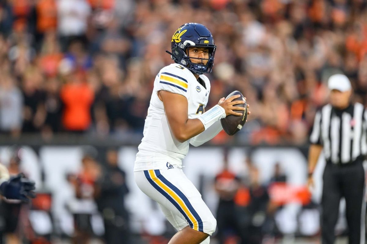 Aug 30, 2025; Corvallis, Oregon, USA; California Golden Bears quarterback Jaron-Keawe Sagapolutele (3) throws a pass during the first quarter against the Oregon State Beavers at Reser Stadium. Mandatory Credit: Craig Strobeck-Imagn Images