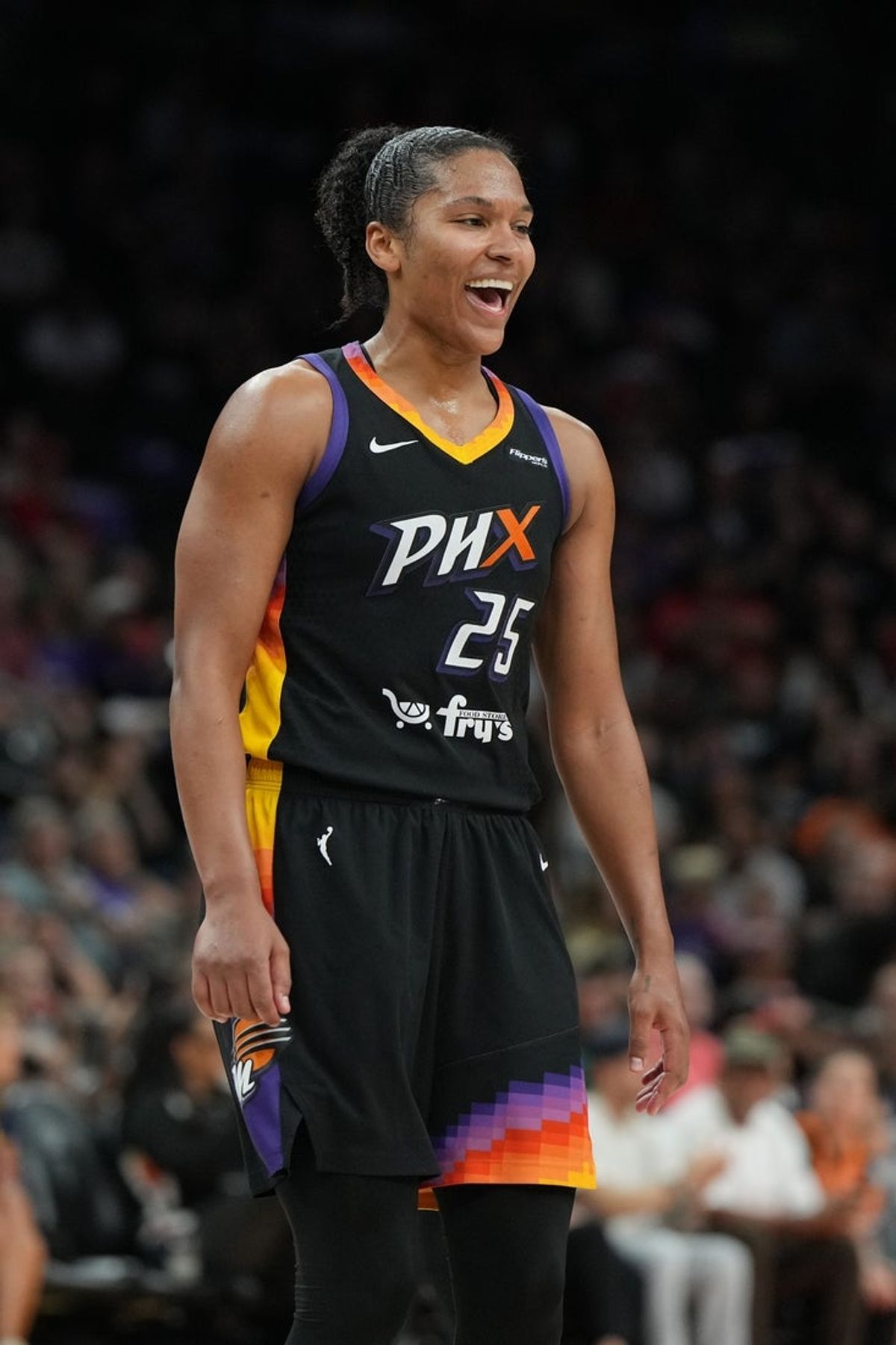 Sep 2, 2025; Phoenix, Arizona, USA; Phoenix Mercury forward Alyssa Thomas (25) reacts after scoring against the Indiana Fever in the second half at PHX Arena. Mandatory Credit: Rick Scuteri-Imagn Images
