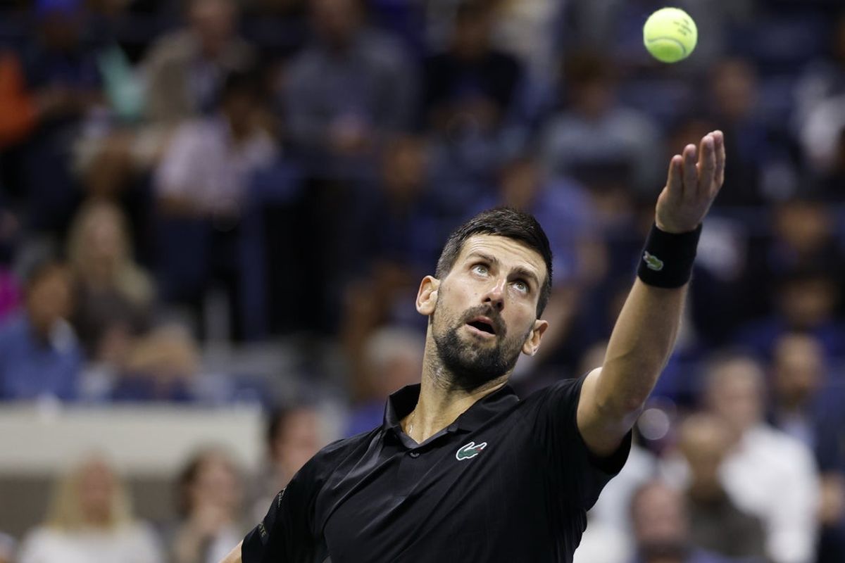 Sep 2, 2025; Flushing, NY, USA; Novak Djokovic (SRB) serves against Taylor Fritz (USA) (not pictured) on day ten of the 2025 US Open tennis championships at Billie Jean King National Tennis Center. Mandatory Credit: Geoff Burke-Imagn Images