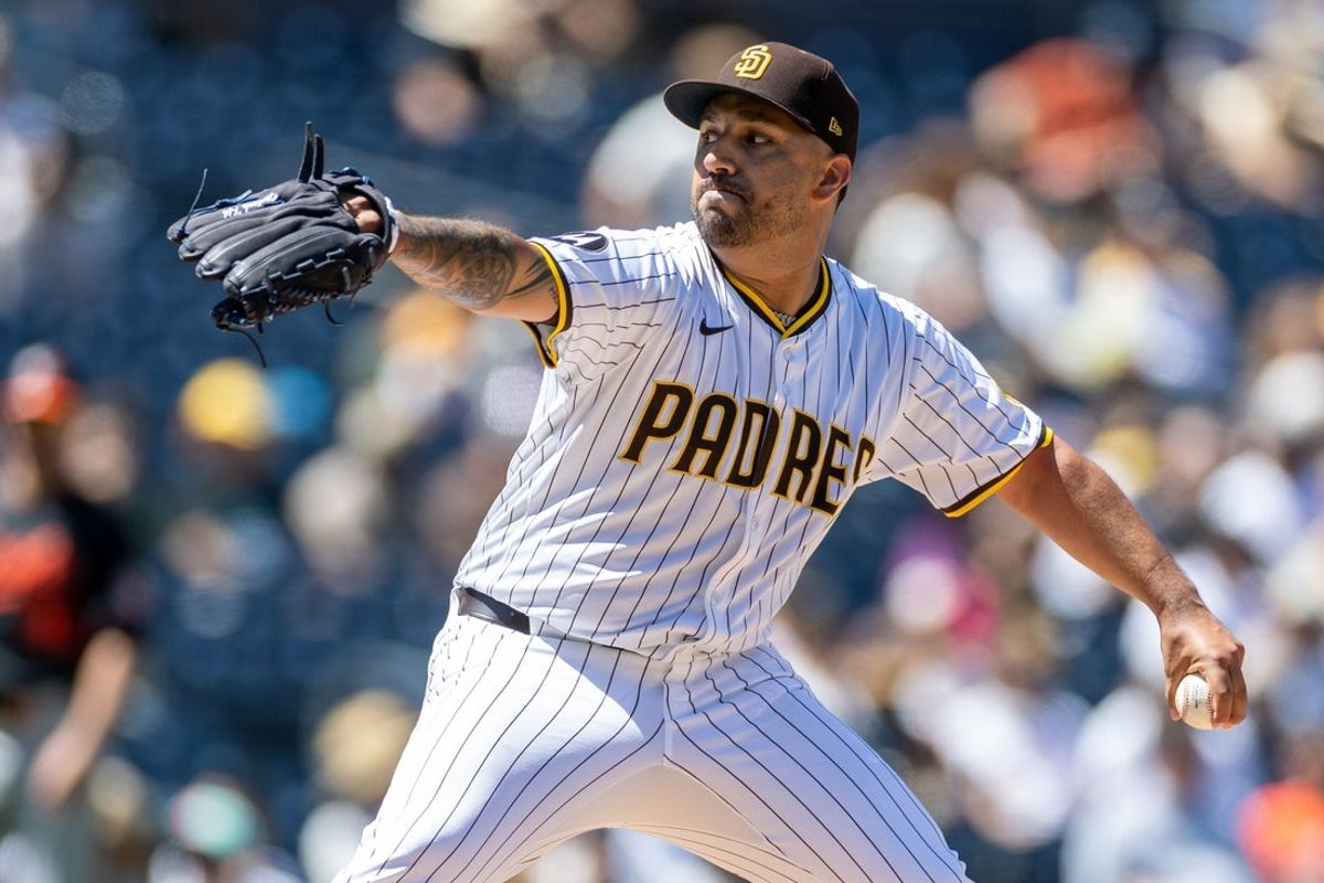 Sep 3, 2025; San Diego, California, USA; San Diego Padres starting pitcher Nestor Cortes (65) throws a pitch during the first inning against the Baltimore Orioles at Petco Park. Mandatory Credit: David Frerker-Imagn Images