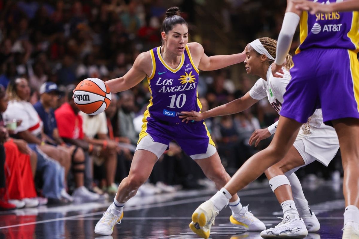 Sep 3, 2025; College Park, Georgia, USA; Los Angeles Sparks guard Kelsey Plum (10) is defended by Atlanta Dream guard Jordin Canada (3) in the first quarter at Gateway Center Arena at College Park. Mandatory Credit: Brett Davis-Imagn Images