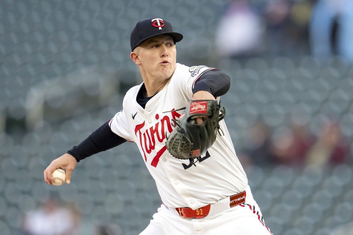 Sep 3, 2025; Minneapolis, Minnesota, USA; Minnesota Twins starting pitcher Zebby Matthews (52) delivers a pitch against the Chicago White Sox in the first inning at Target Field. Mandatory Credit: Jesse Johnson-Imagn Images
