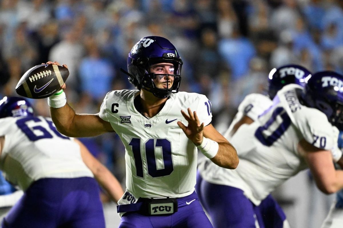 Sep 1, 2025; Chapel Hill, North Carolina, USA; TCU Horned Frogs quarterback Josh Hoover (10) looks to pass in the first quarter at Kenan Stadium. Mandatory Credit: Bob Donnan-Imagn Images