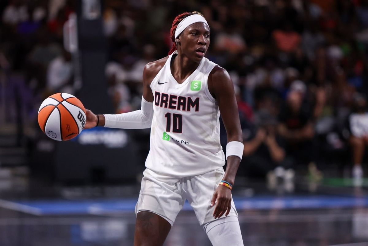 Sep 3, 2025; College Park, Georgia, USA; Atlanta Dream guard Rhyne Howard (10) dribbles against the Los Angeles Sparks in the third quarter at Gateway Center Arena at College Park. Mandatory Credit: Brett Davis-Imagn Images