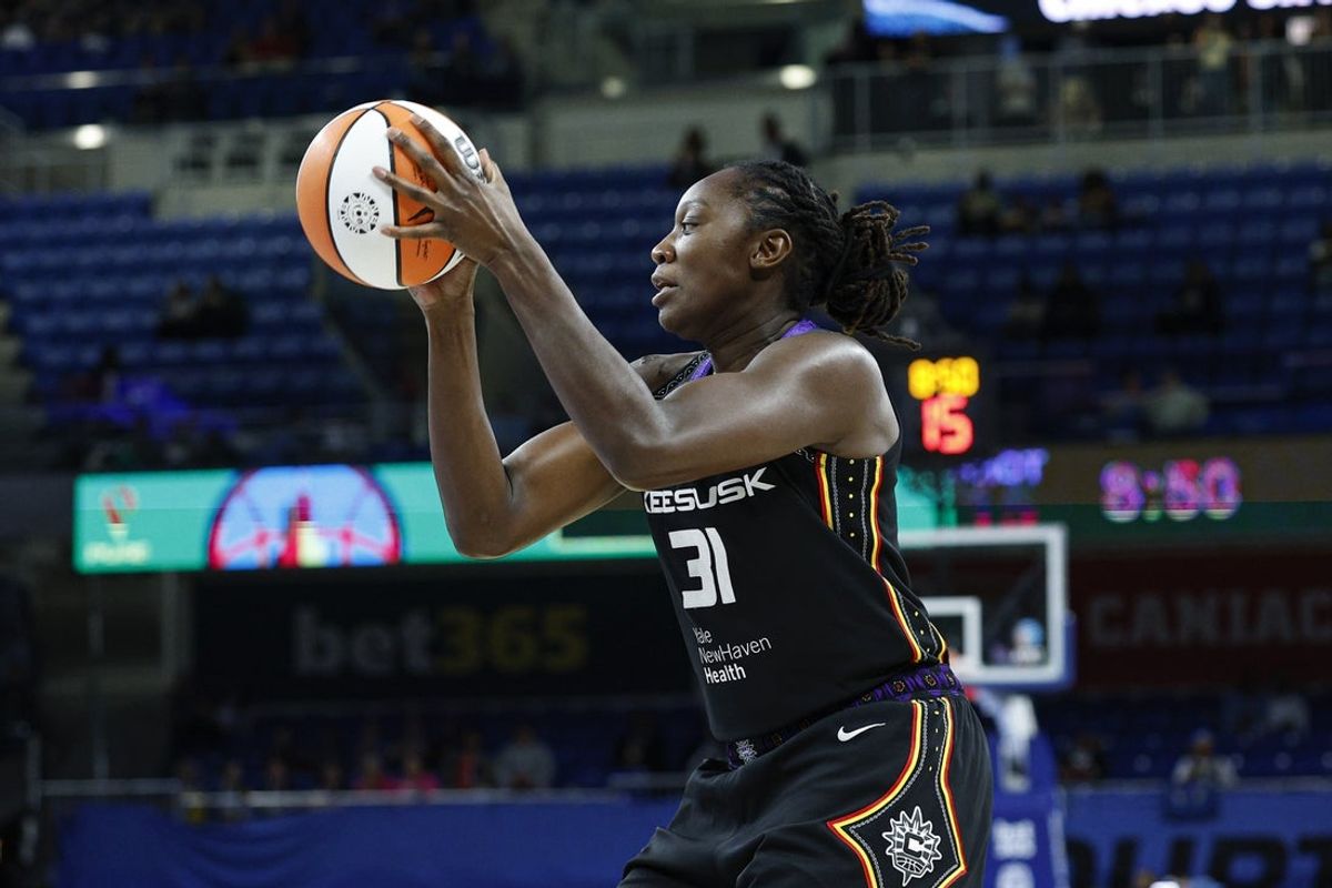 Sep 3, 2025; Chicago, Illinois, USA; Connecticut Sun center Tina Charles (31) looks to shoot against the Chicago Sky during the first half at Wintrust Arena. Mandatory Credit: Kamil Krzaczynski-Imagn Images