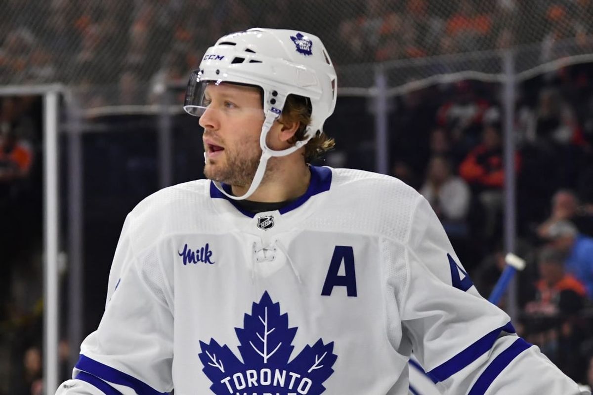 Mar 19, 2024; Philadelphia, Pennsylvania, USA; Toronto Maple Leafs defenseman Morgan Rielly (44) against the Philadelphia Flyers at Wells Fargo Center.