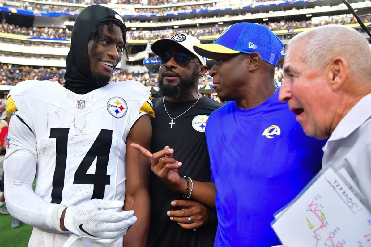 Oct 22, 2023; Inglewood, California, USA; Pittsburgh Steelers wide receiver George Pickens (14) and head coach Mike Tomlin meet with Los Angeles Rams defensive coordinator Raheem Morris following the game at SoFi Stadium.