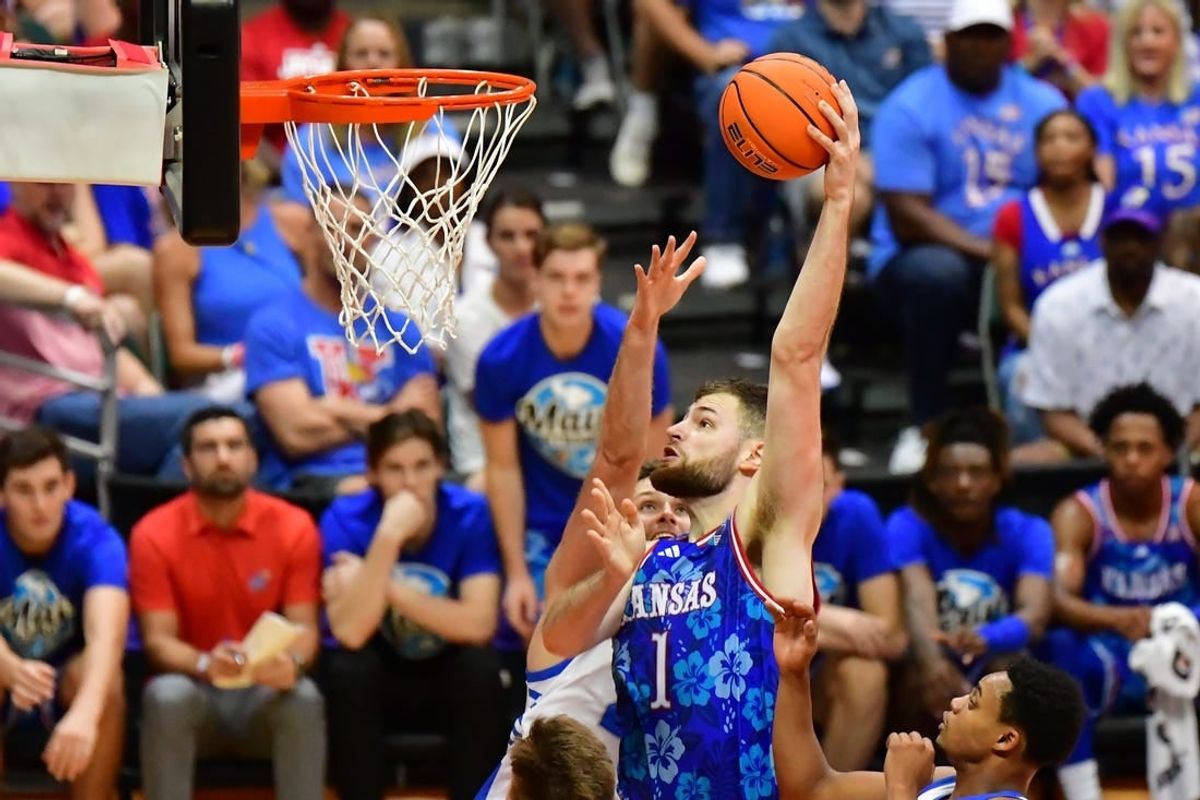 Nov 20, 2023; Honolulu, Hawaii, USA;  Kansas Jayhawks center Hunter Dickinson (1) shoots the ball during the second period against the Chaminade Silverswords at SimpliFi Arena at Stan Sheriff Center.
