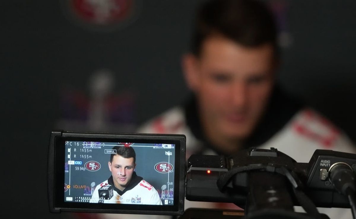 Feb 6, 2024; Las Vegas, NV, USA; San Francisco 49ers quarterback Brock Purdy (13) is interviewed during a press conference before Super Bowl LVIII at the Hilton Lake Las Vegas Resort.