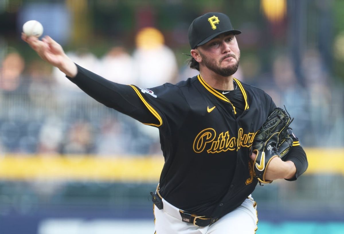 Sep 4, 2025; Pittsburgh, Pennsylvania, USA;  Pittsburgh Pirates starting pitcher Paul Skenes (30) delivers a pitch against the Los Angeles Dodgers during the first inning at PNC Park. Mandatory Credit: Charles LeClaire-Imagn Images