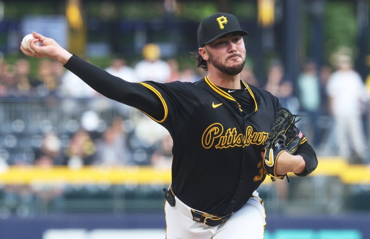 Sep 4, 2025; Pittsburgh, Pennsylvania, USA;  Pittsburgh Pirates starting pitcher Paul Skenes (30) delivers a pitch against the Los Angeles Dodgers during the first inning at PNC Park. Mandatory Credit: Charles LeClaire-Imagn Images