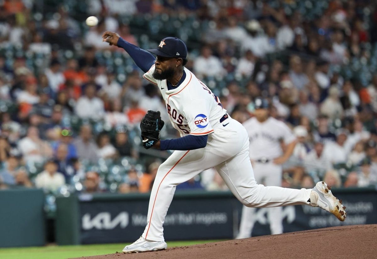 Sep 4, 2025; Houston, Texas, USA; Houston Astros starting pitcher Cristian Javier (53) pitches against the New York Yankees in the first inning at Daikin Park. Mandatory Credit: Thomas Shea-Imagn Images