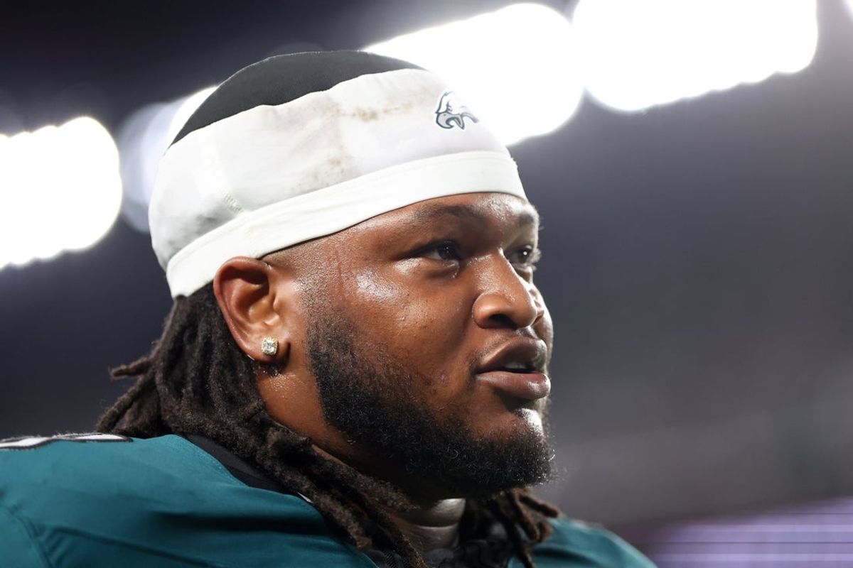 Sep 4, 2025; Philadelphia, Pennsylvania, USA; Philadelphia Eagles defensive tackle Jalen Carter (98) walks off the field after being ejected during the first quarter of the game against the Dallas Cowboys at Lincoln Financial Field. Mandatory Credit: Bill Streicher-Imagn Images